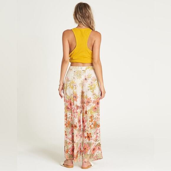 Billabong Wide-Leg Woven Pants Women Sz M Heart Beats Floral Beach Elastic Waist - Picture 2 of 11
